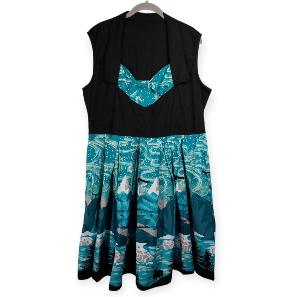 Sucrefas Fit & Flare Retro Winter Holiday Dress Women's 2X Teal Tones